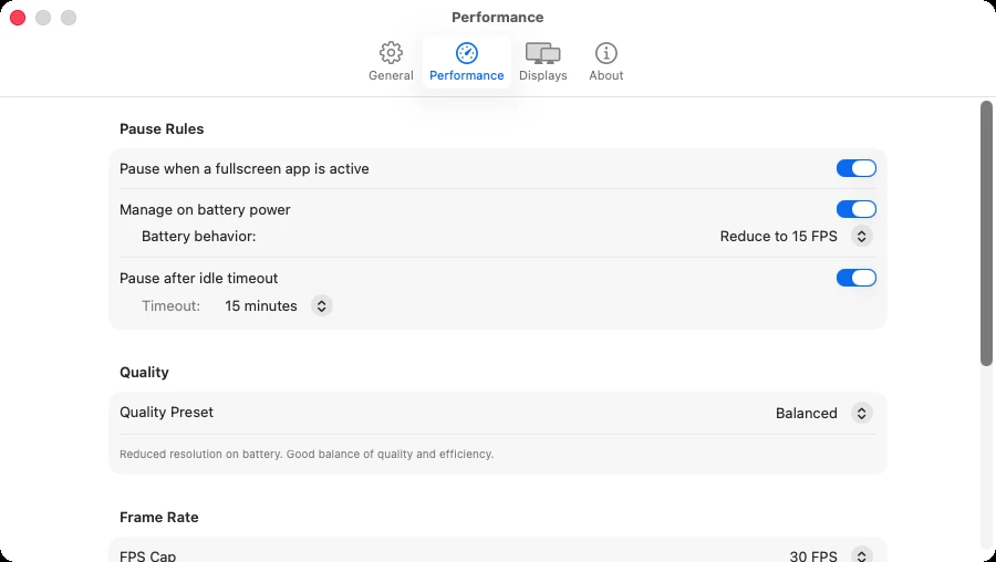 Vivid Walls Performance settings: pause rules for fullscreen apps, battery power and idle timeout, quality preset, and FPS cap